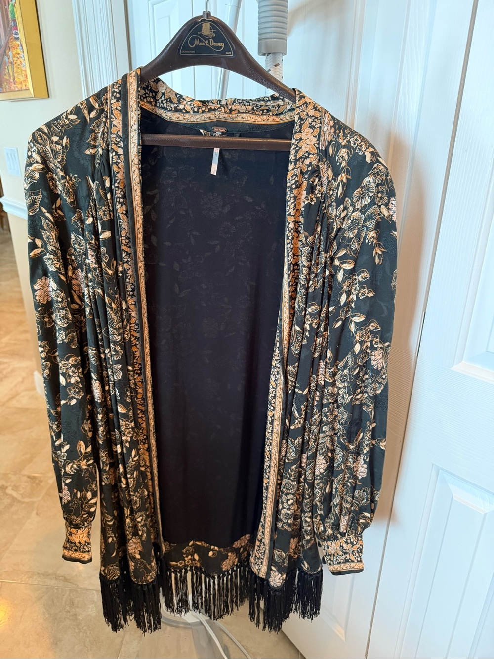 Free People Black & Gold Floral Fringe Kimono